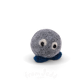 A small felt plush sculpture with a round gray body, white and black eyes, and dark blue feet, photographed on a clean white background.