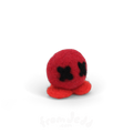 A small red felt octopus toy with black stitched eyes, photographed on a clean white background.