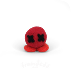 A small red felt plush toy with black stitched X-shaped eyes and two red feet, centered on a plain white background.