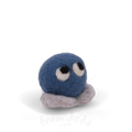 A blue felted creature with eyes looking up and grey feet.