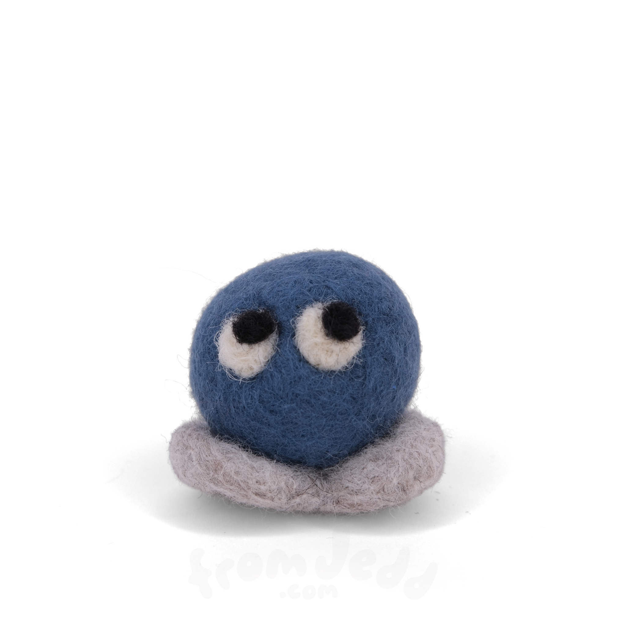 A blue felted creature with eyes looking up and grey feet.