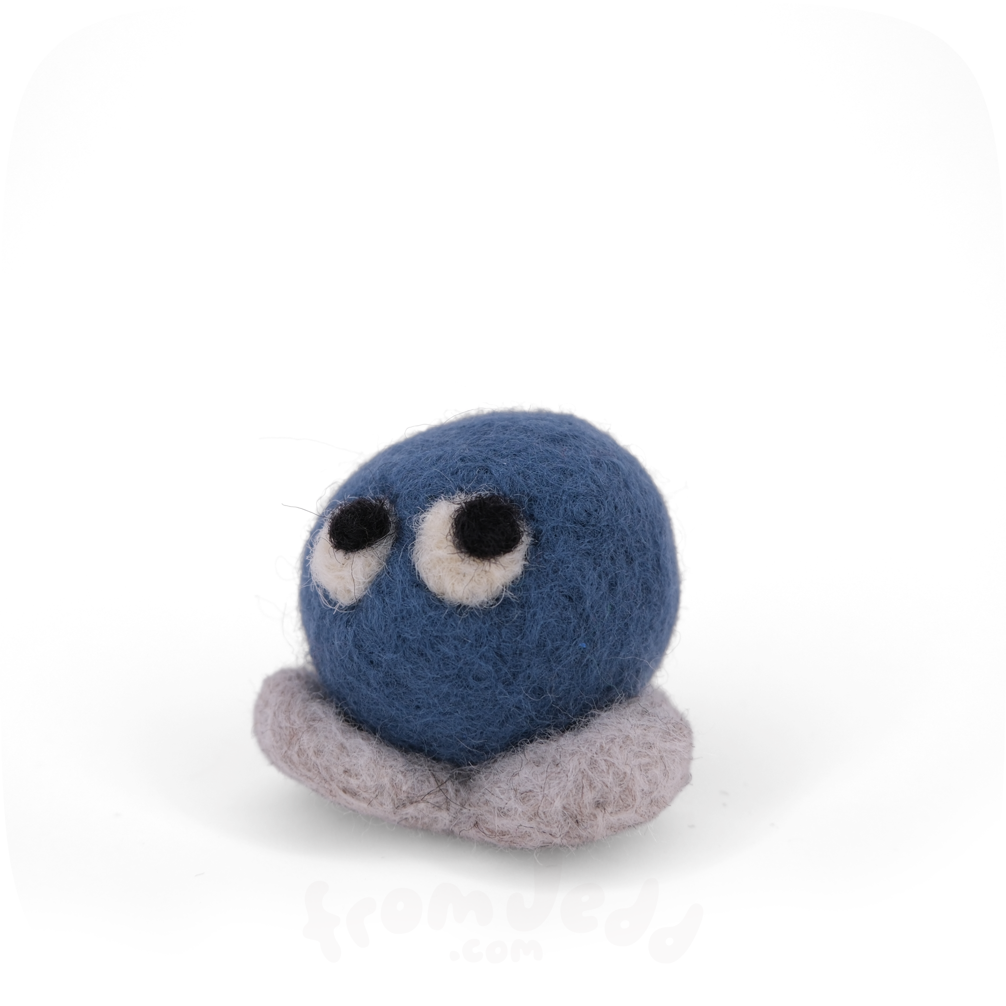 A blue felted creature with eyes looking up and grey feet.