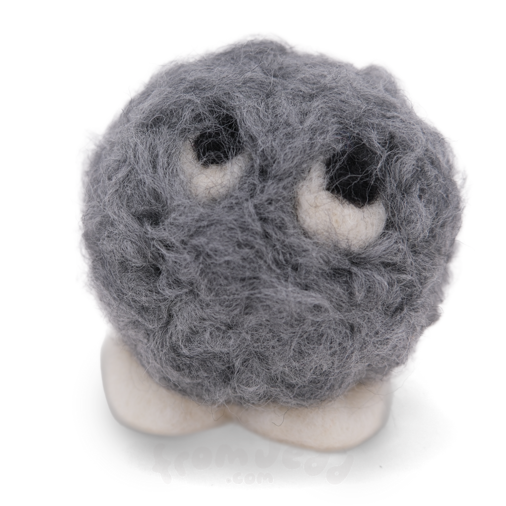 A gray wool felt plush toy with a round, fuzzy body, large black and white eyes, and small white feet, photographed on a clean white background.