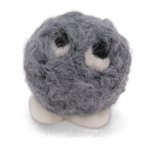 A gray wool felt plush toy with a round, fuzzy body, large black and white eyes, and small white feet, photographed on a clean white background.