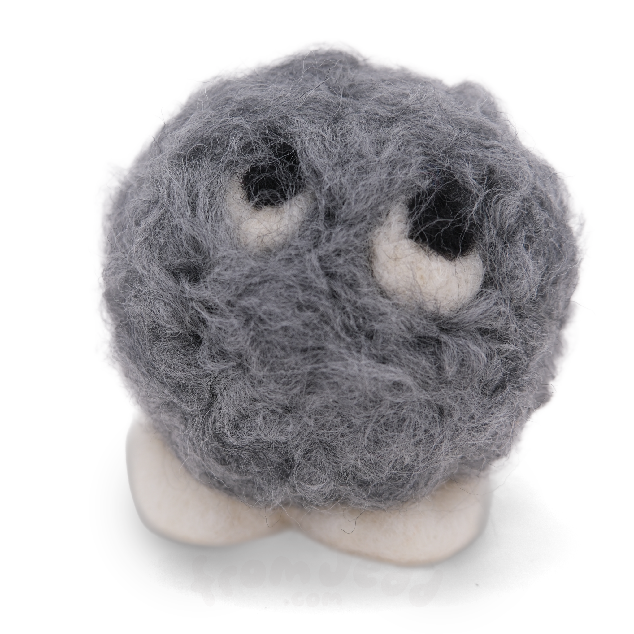 A gray wool felt plush toy with a round, fuzzy body, large black and white eyes, and small white feet, photographed on a clean white background.
