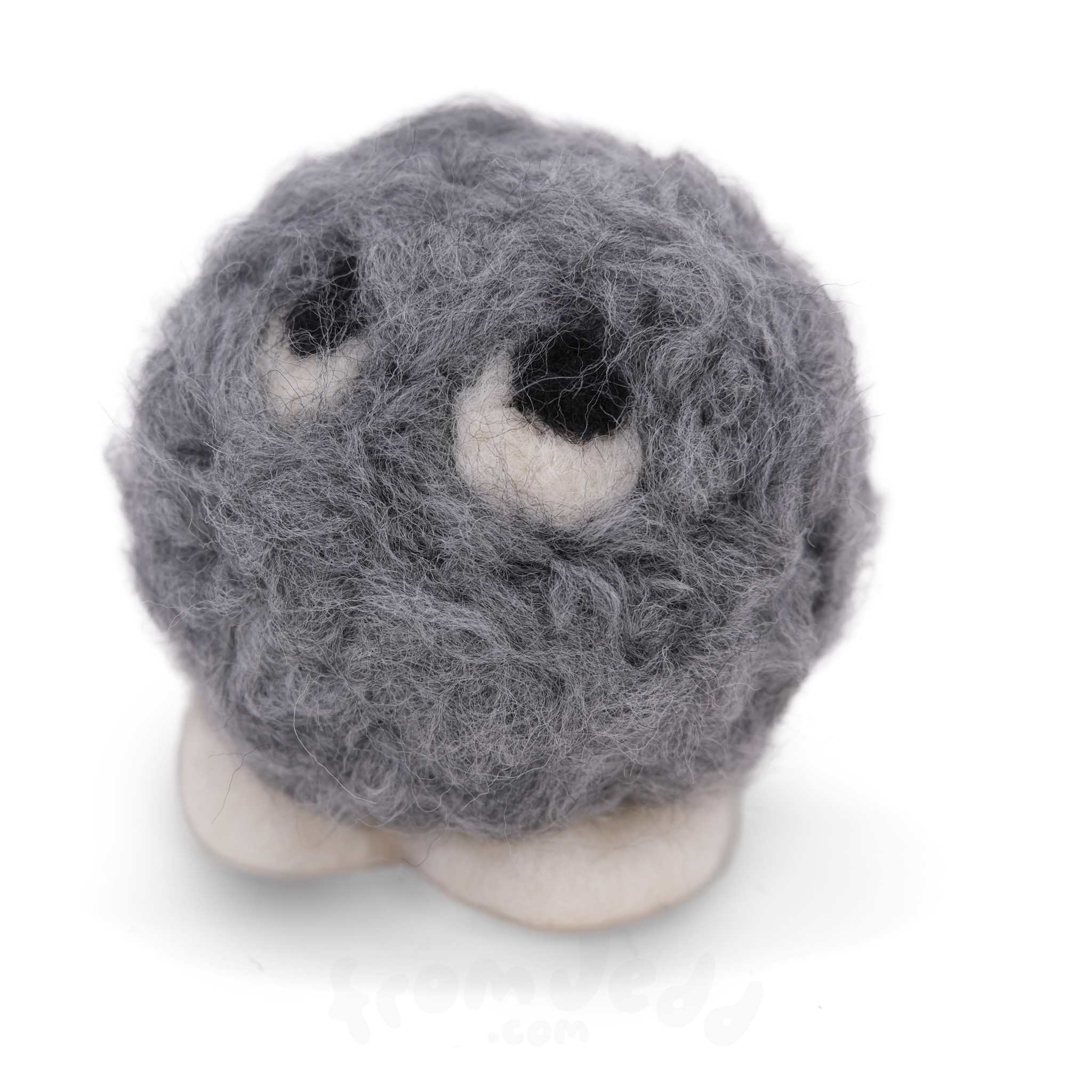 A small gray fuzzy ball character with white feet and large white eyes with black centers, photographed on a clean white background.
