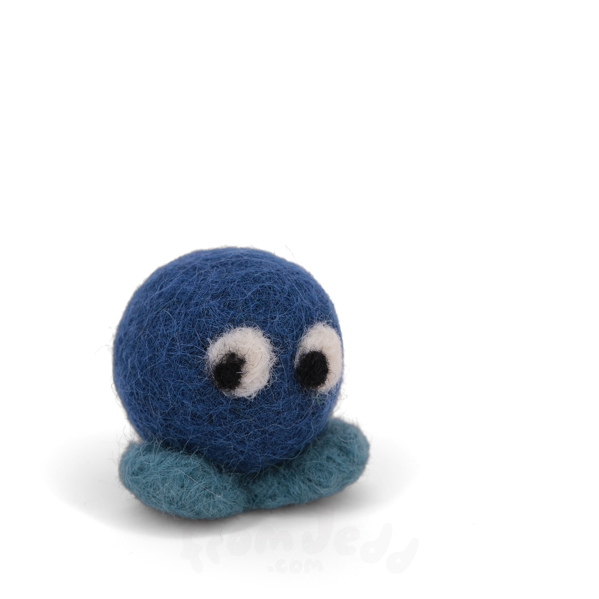 A blue felted creature with big eyes and teal feet.