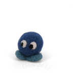 A blue felted creature with big eyes and teal feet.