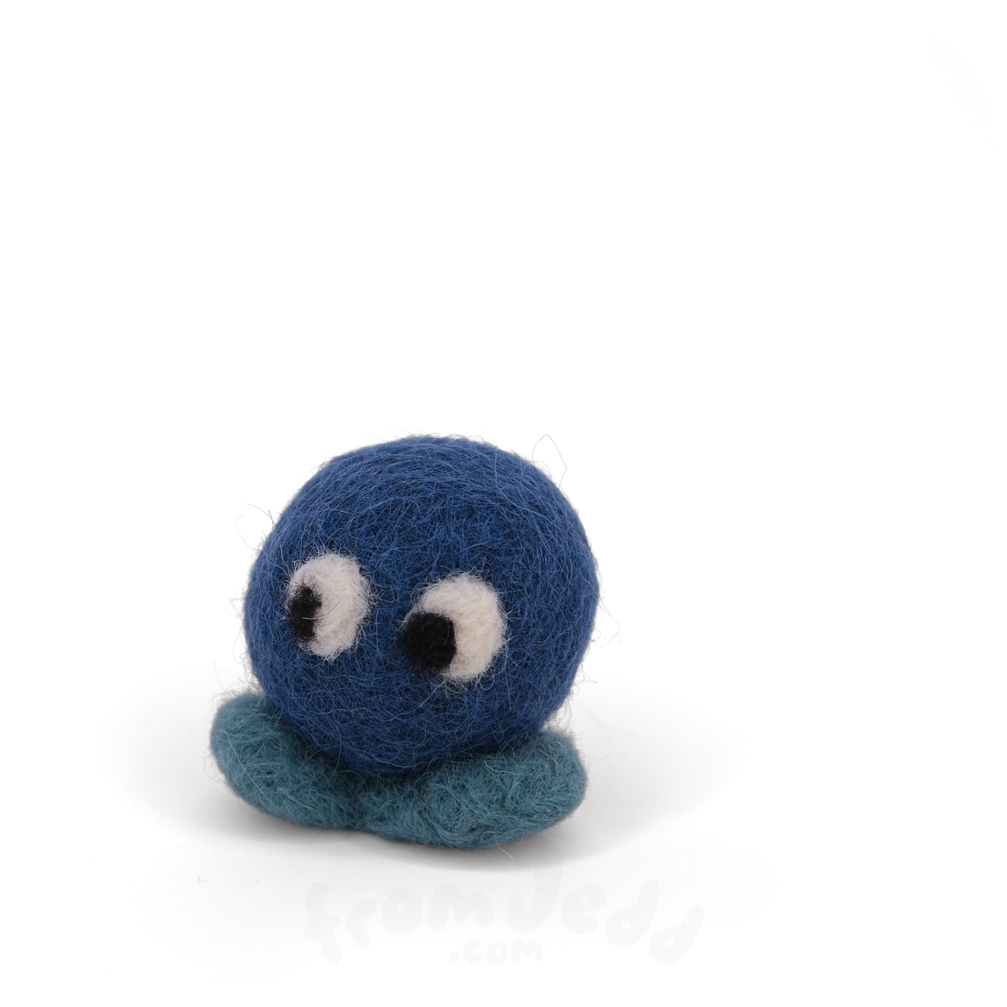 A blue felted creature with big eyes and teal feet.