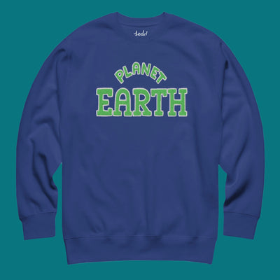 A navy blue sweatshirt that reads Planet Earth
