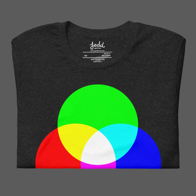 A dark heather gray t-shirt with RGB circles creating white light in the center.
