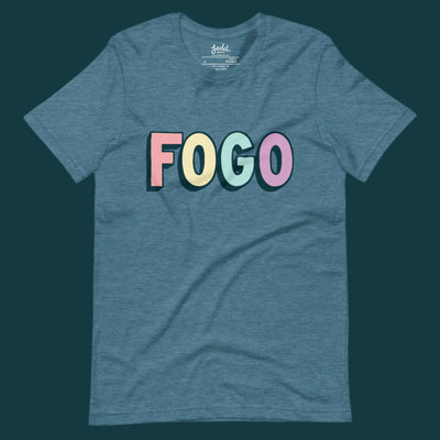 A teal t-shirt that reads FOGO